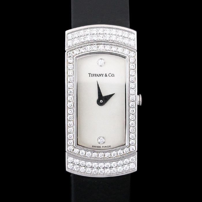 Tiffany&amp;Co(티파니) 18K 750 화이트골드 다이아 칵테일 가죽 밴드 여성 시계