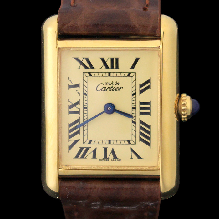 Cartier(까르띠에) 925 금장 머스트 탱크 버메일 가죽밴드 시계