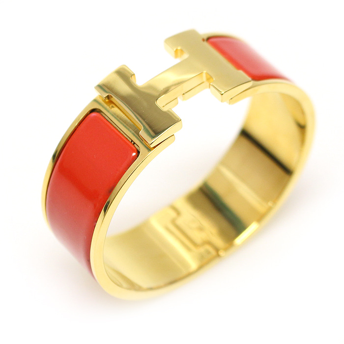 Hermes H300001F Rouge Corail Enamel Gold Clack HPM Women&#039;s Bracelet