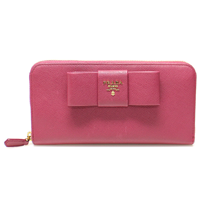Prada(프라다) 1M0506 핑크 사피아노 레더 리본 금장 레터링 로고 지퍼 장지갑