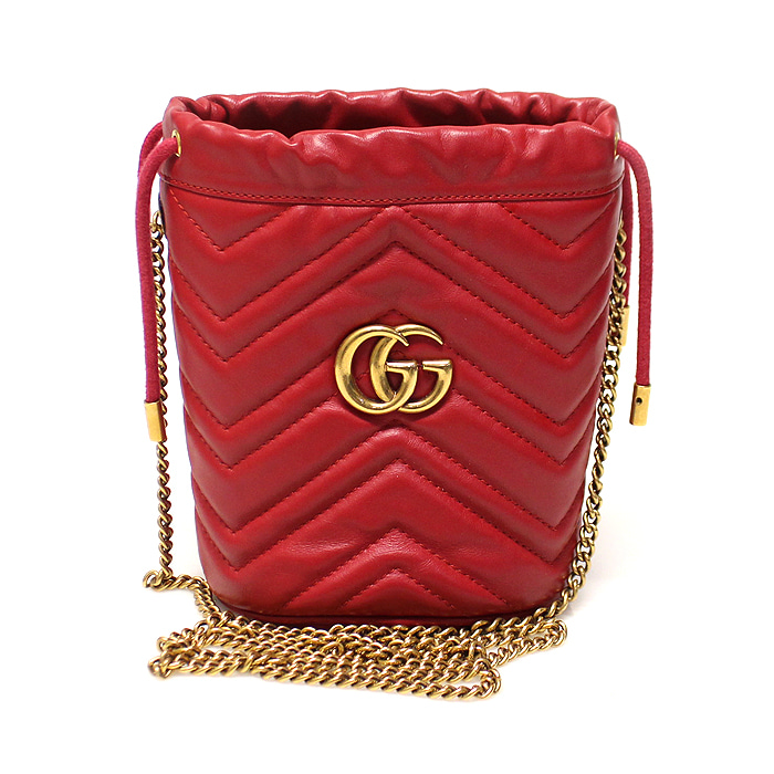 Gucci (Gucci) 575163 Red Matlase Chevron Gold Medal GG Mamon Mini Bucket Chain Shoulder Bag