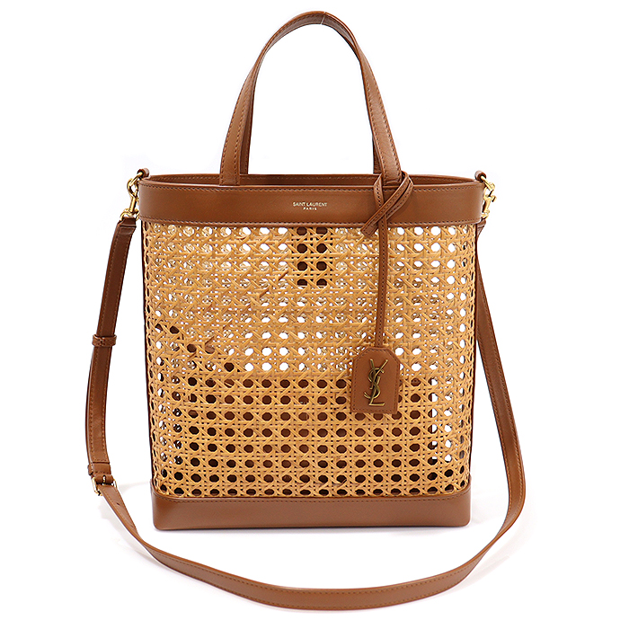 Saint Laurent 655161 Brown Carpskin Rattan Woven Toy Tote 2WAY + Auxiliary Pouch