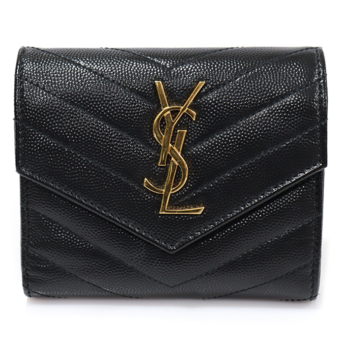 Saint Laurent 403943 Black Monogram Matlase Envelope Gold Logo Compact 3-Stage Half-wallet