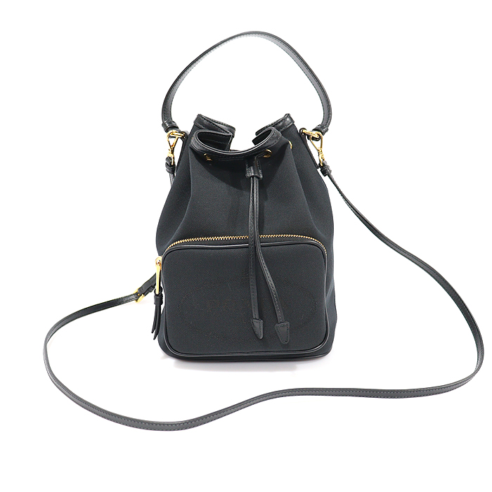 Prada (Prada) 1BH038 Black Jacquard Leather Trimming Lettering Logo Gold Small Bucket Bag 2WAY
