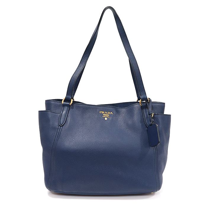 Prada BR4970 Blue Vitello Dino Gold Lettering Logo Tote Shoulder Bag