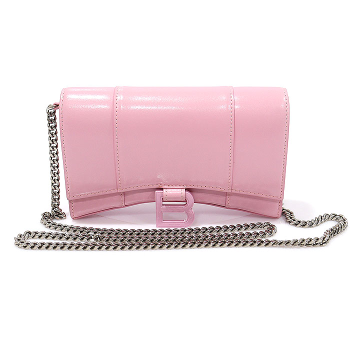 Balenciaga 656050 Candy Pink Shiny Box Kafskins Hour Glass Chain Wallet Mini Shoulder Bag