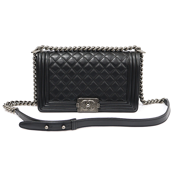 Chanel A67086 Black Capskin Ruthenium Metal Boy Chanel Medium Flap Shoulder Bag (No. 24)