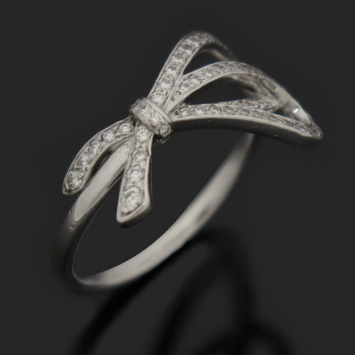 Tiffany &amp; Co. 18K White Gold Diamond Ribbon Bow Ring No. 13.5