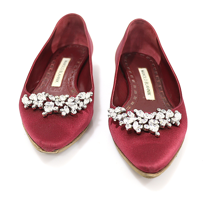 Manolo Blahnik Burgundy Satin Crystal Jewel LURUM LURUM Ballerina Women&#039;s Flat Shoes 35