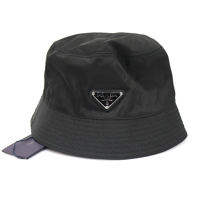 Prada 1HC137 Black Nylon Silver Jean Triangle Logo Bucket Hat Mitt