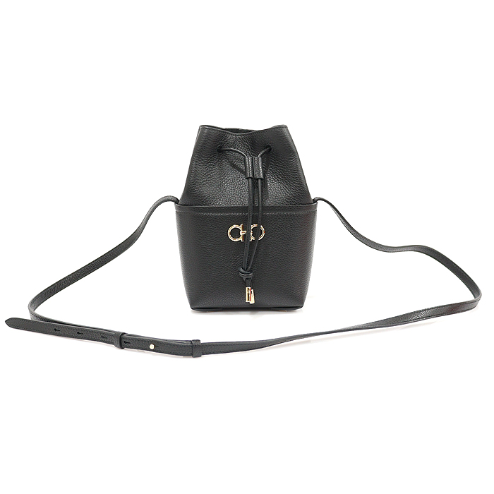Ferragamo 212970 Black Hammer Kafskine Gold Orchini Mini Bucket Shoulder Bag