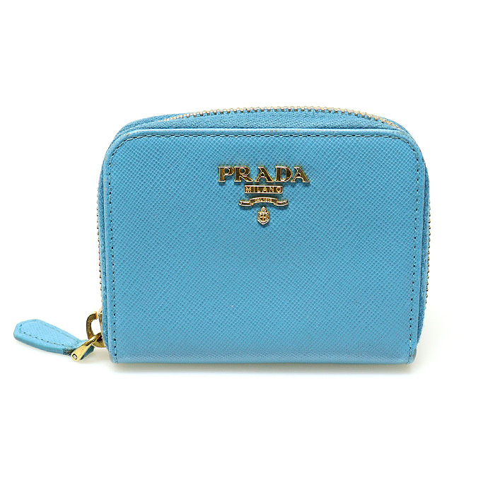 Prada(프라다) 1M0268 보야지 블루 사피아노 금장 레터링 로고 지퍼 동전 카드지갑