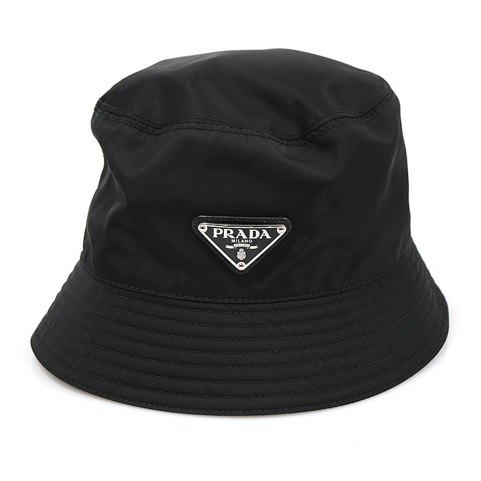 Prada(프라다) 1HC137 블랙 나일론 실버 트라이앵글 로고 버킷햇 모자 M