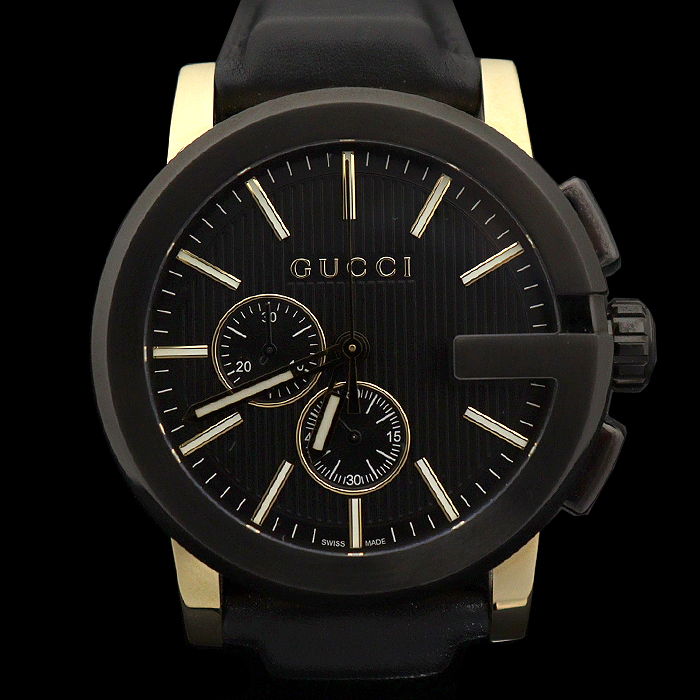 Gucci(구찌) YA101203 101.2 44MM 블랙 골드 쿼츠 G-크로노 가죽밴드 남성 시계