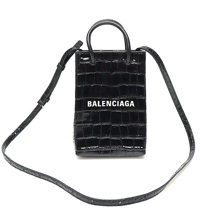 Balenciaga(발렌시아가) 593826 블랙 크로커다일 엠보스드 카프스킨 미니 SHOPPING 쇼핑 폰홀더 2WAY