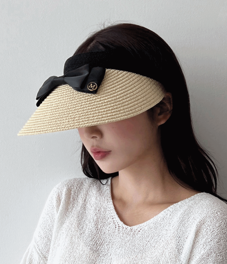 여성 블랙 리본 라탄 밀짚 썬캡 자외선차단 휴양지모자 - 모자상점