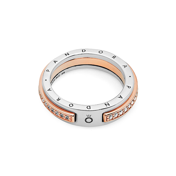 판도라 시그니처 로고 &amp; 파베 투톤 로즈 반지 182773C01