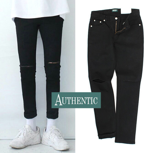 [AUTHENTIC] Damage Hole Black Jeans 무릅구멍블랙진