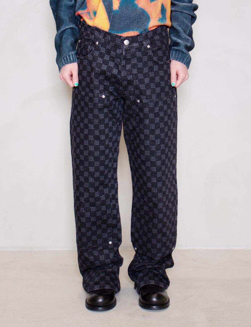 DENIM MONOGRAM CARPENTER TROUSERS_BLACK