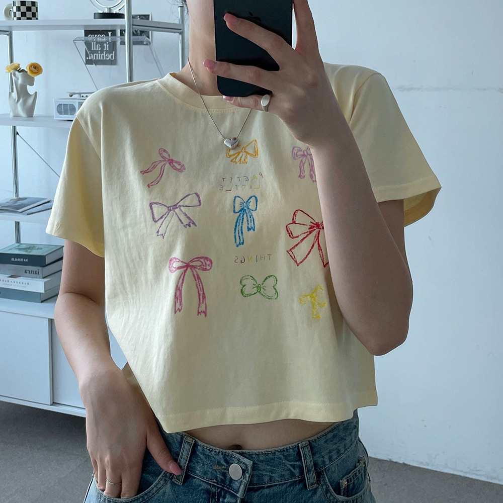 여자 키치룩 크롭 리본반팔티 여름 티셔츠