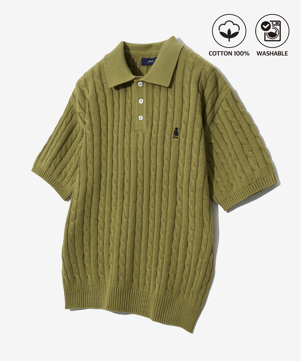 HERITAGE DAN CABLE SHORT-SLEEVE POLO KNIT OLIVE LIME