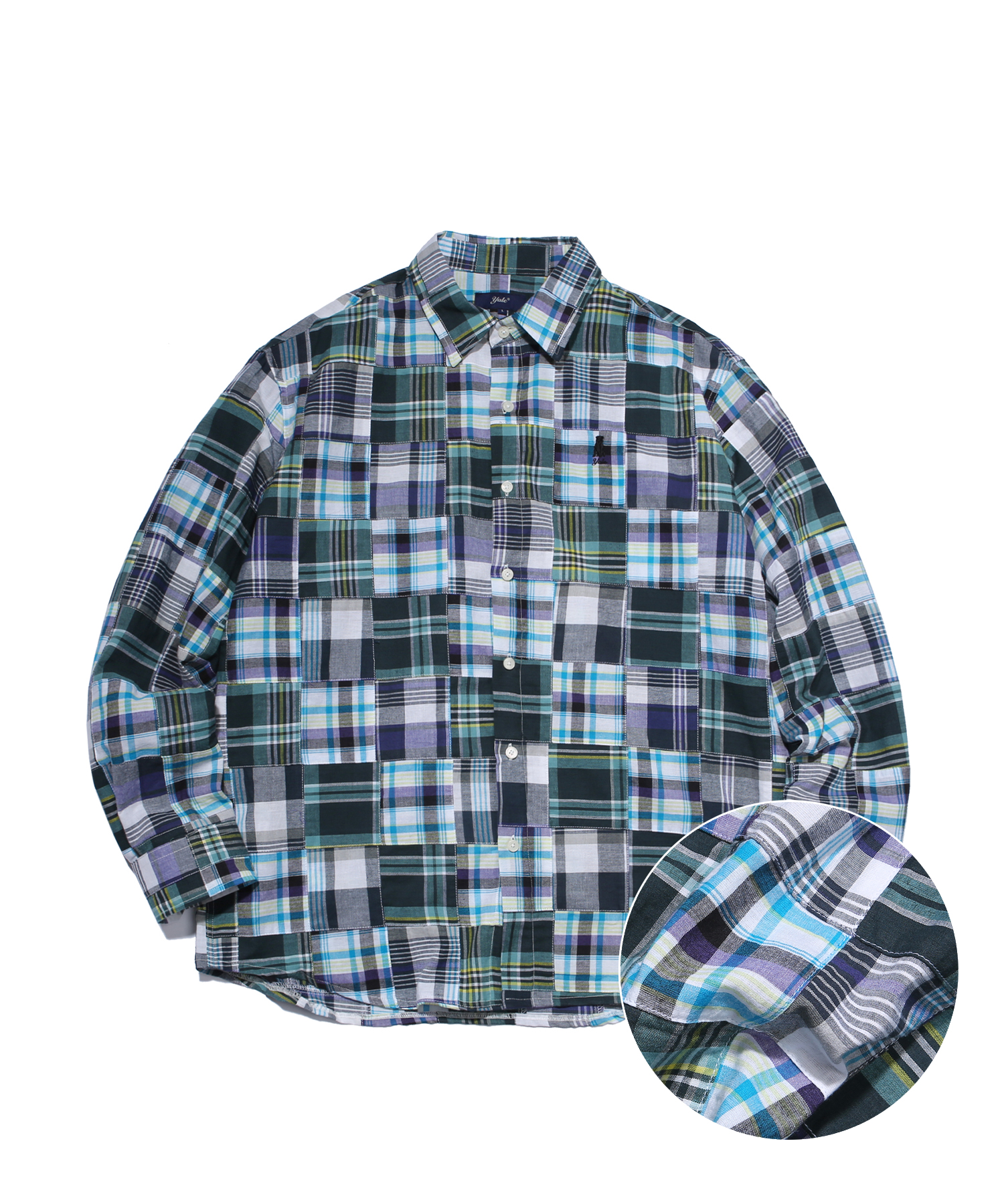 (RECYCLE FABRIC) PATCH WORK REGULAR FIT SHIRT GREEN