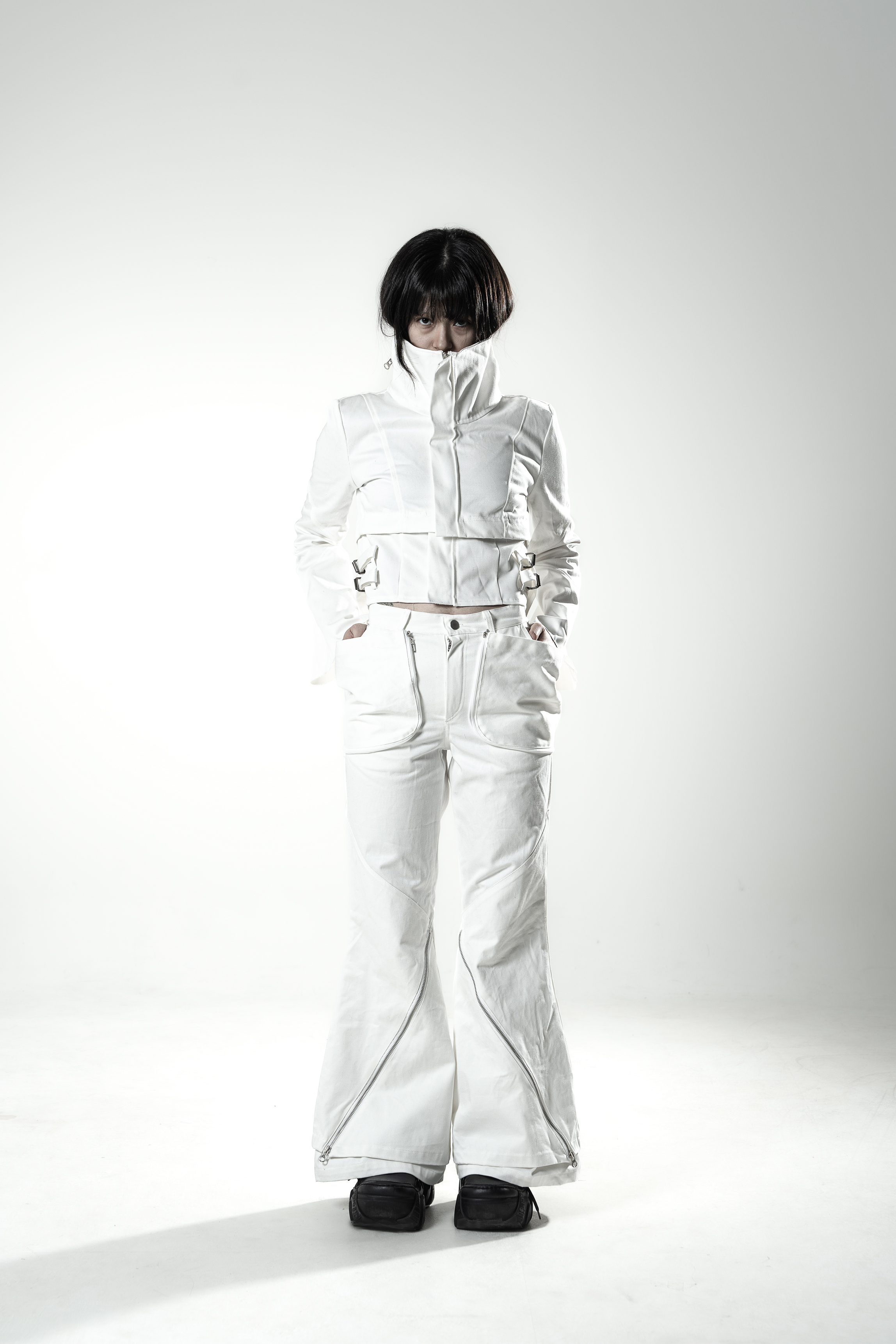 2way zip pocket jungle flared pants (2size) (White)