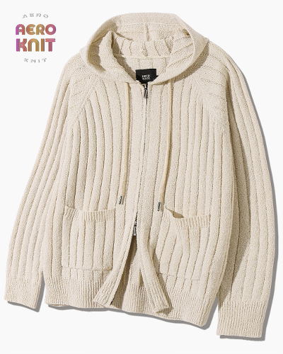 2WAY STRIPE BOUCLE KNIT HOODY ZIP-UP_OATMEAL