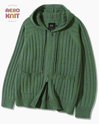 2WAY STRIPE BOUCLE KNIT HOODY ZIP-UP_GREEN