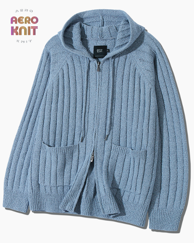 2WAY STRIPE BOUCLE KNIT HOODY ZIP-UP_SKY BLUE