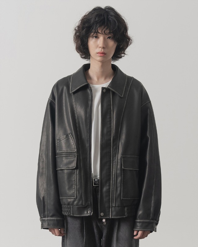 AUTHENTIC WASHED VEGAN LEATHER JACKET_BLACK