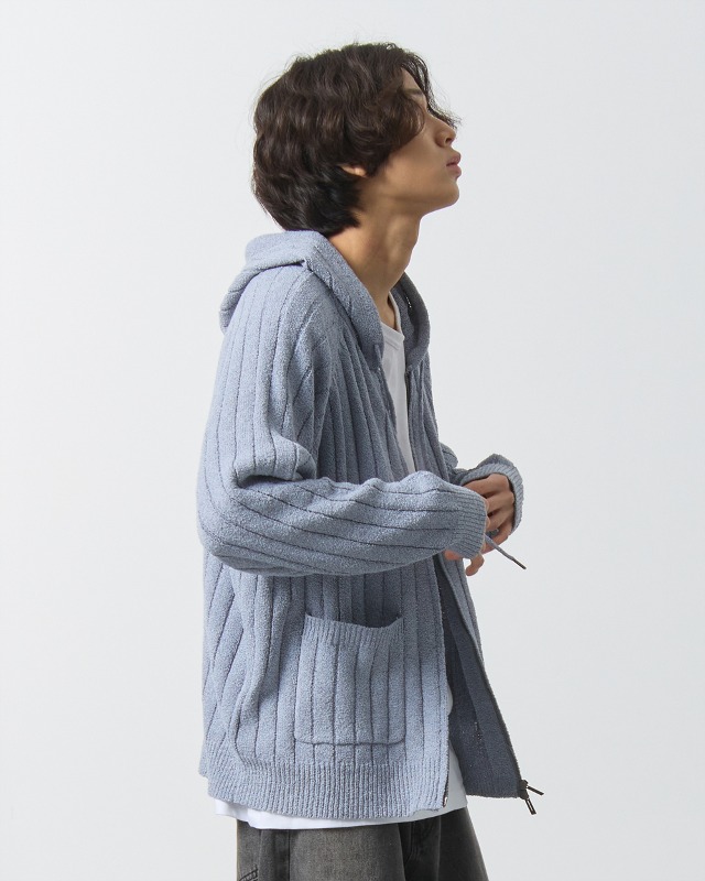 2WAY STRIPE BOUCLE KNIT HOODY ZIP-UP_SKY BLUE