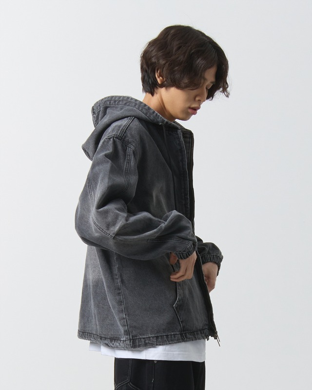 OVERSIZED BIO WASHING DENIM HOODY ZIP-UP_GRAY