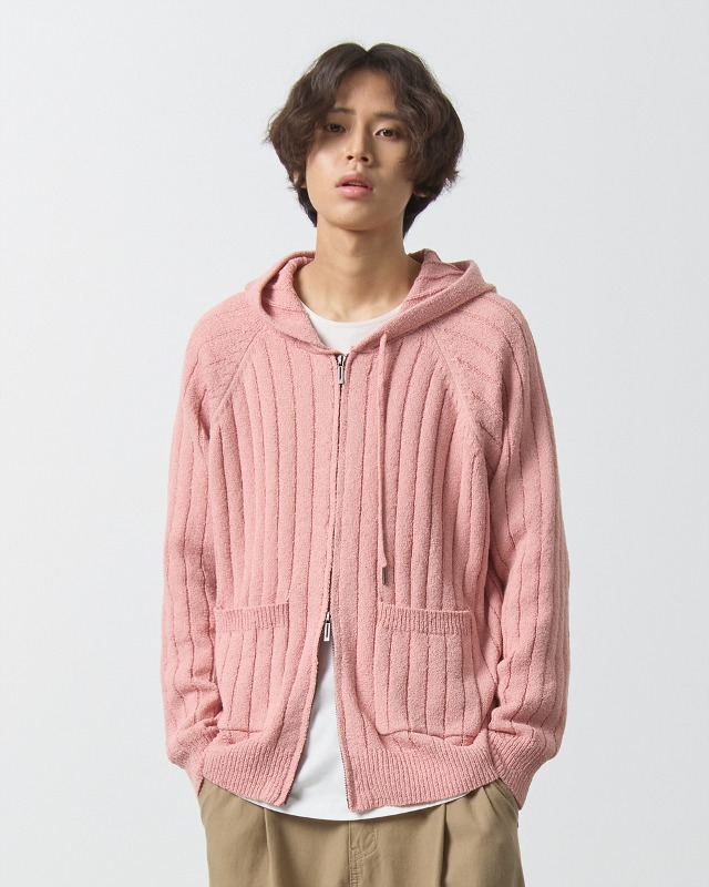 2WAY STRIPE BOUCLE KNIT HOODY ZIP-UP_PINK