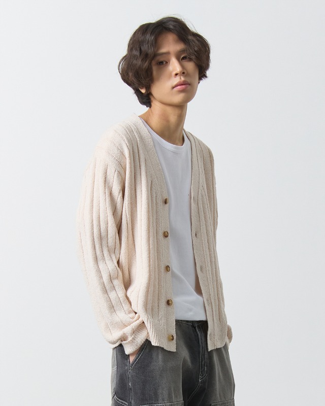 STRIPE BOUCLE KNIT CARDIGAN_OATMEAL