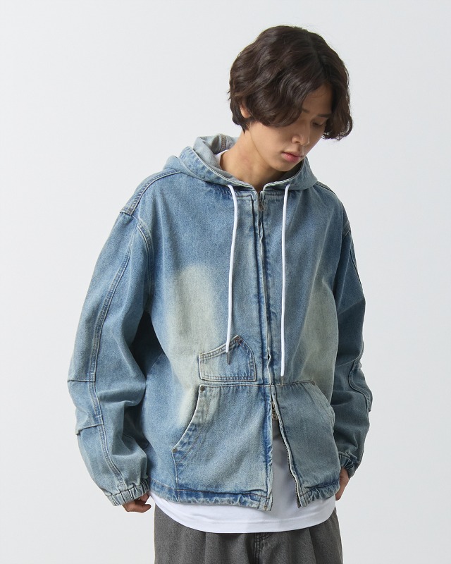 OVERSIZED BIO WASHING DENIM HOODY ZIP-UP_LIGHT YELLOW