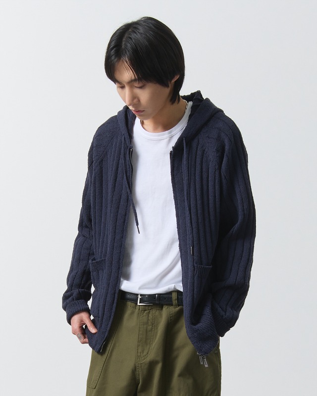 2WAY STRIPE BOUCLE KNIT HOODY ZIP-UP_NAVY