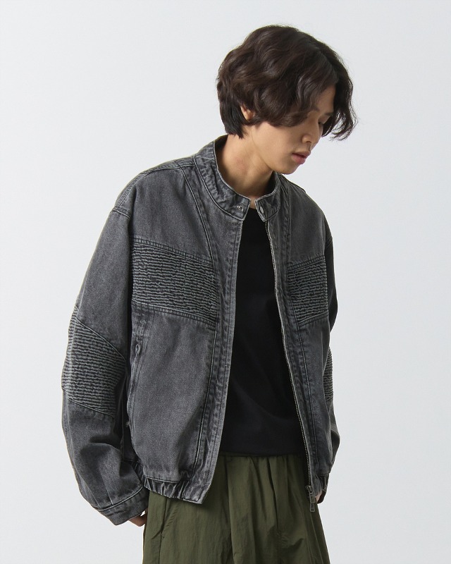 (VLAD) WASHED DENIM BIKER JACKET_GRAY