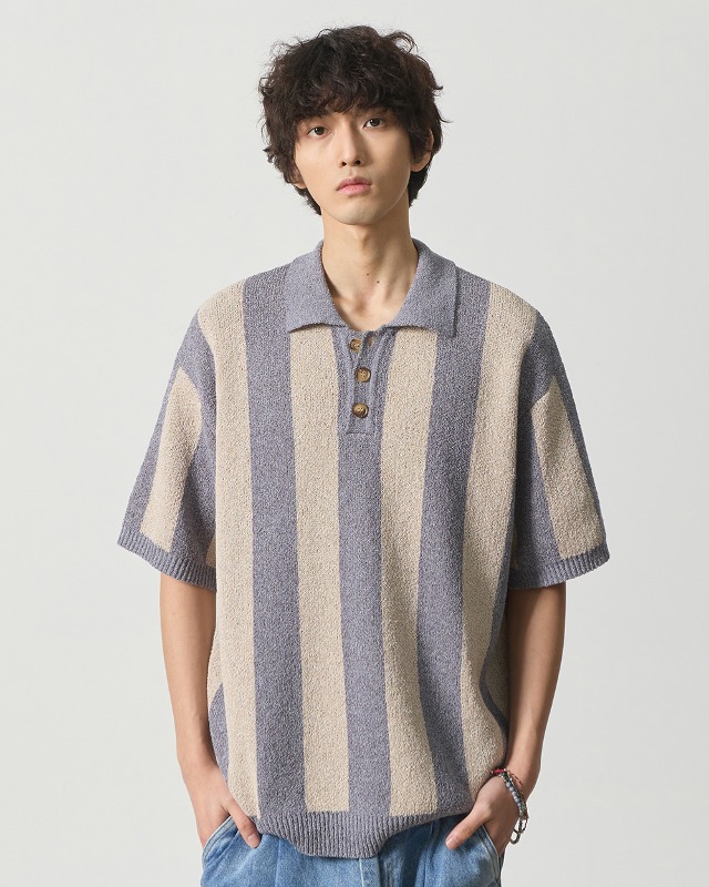 AERO™ STRIPE BOUCLE COLLAR HALF KNIT_BLUE&amp;OATMEAL