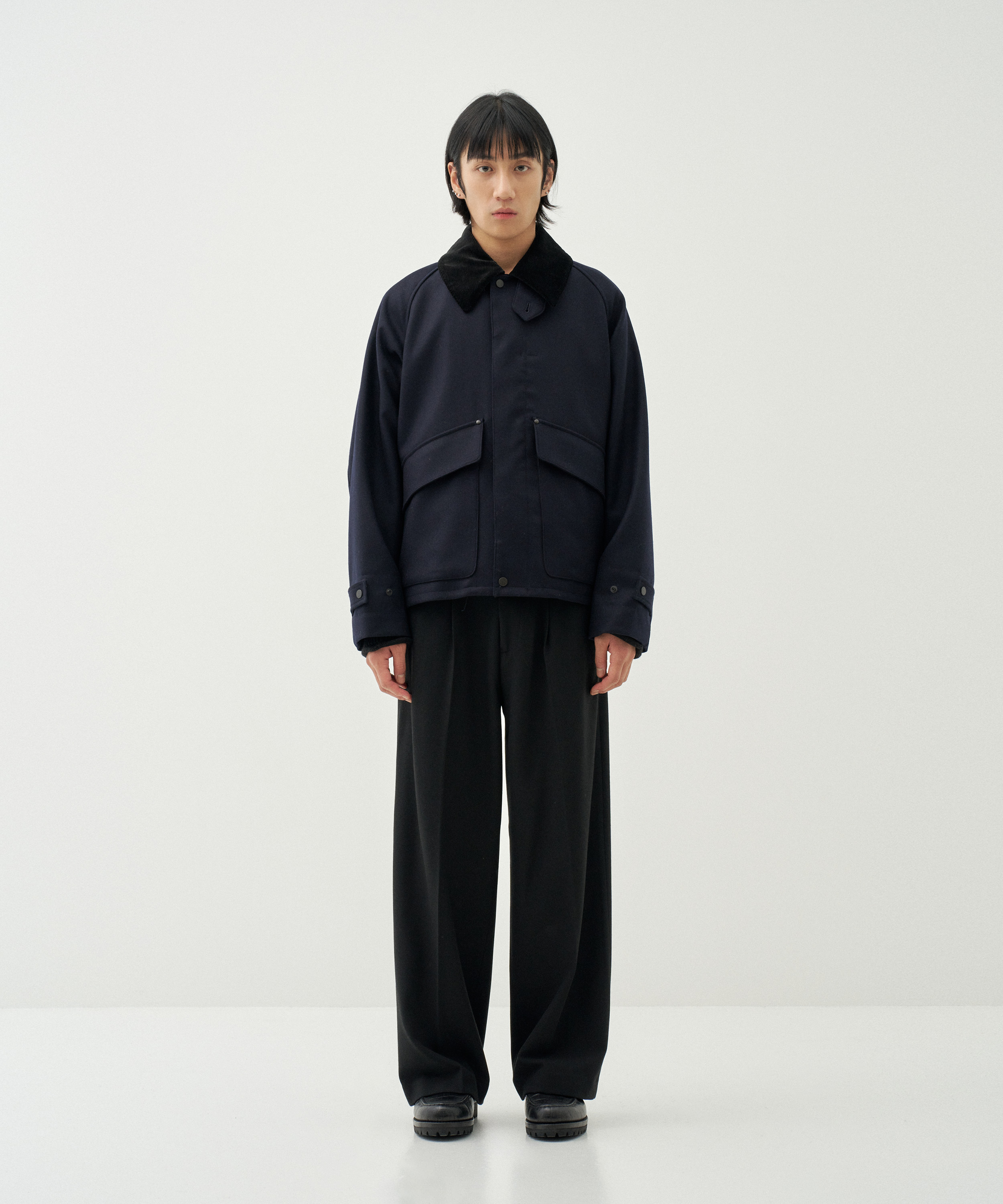 Super Fine Wool Light Melton Shorts Blouson (Navy)