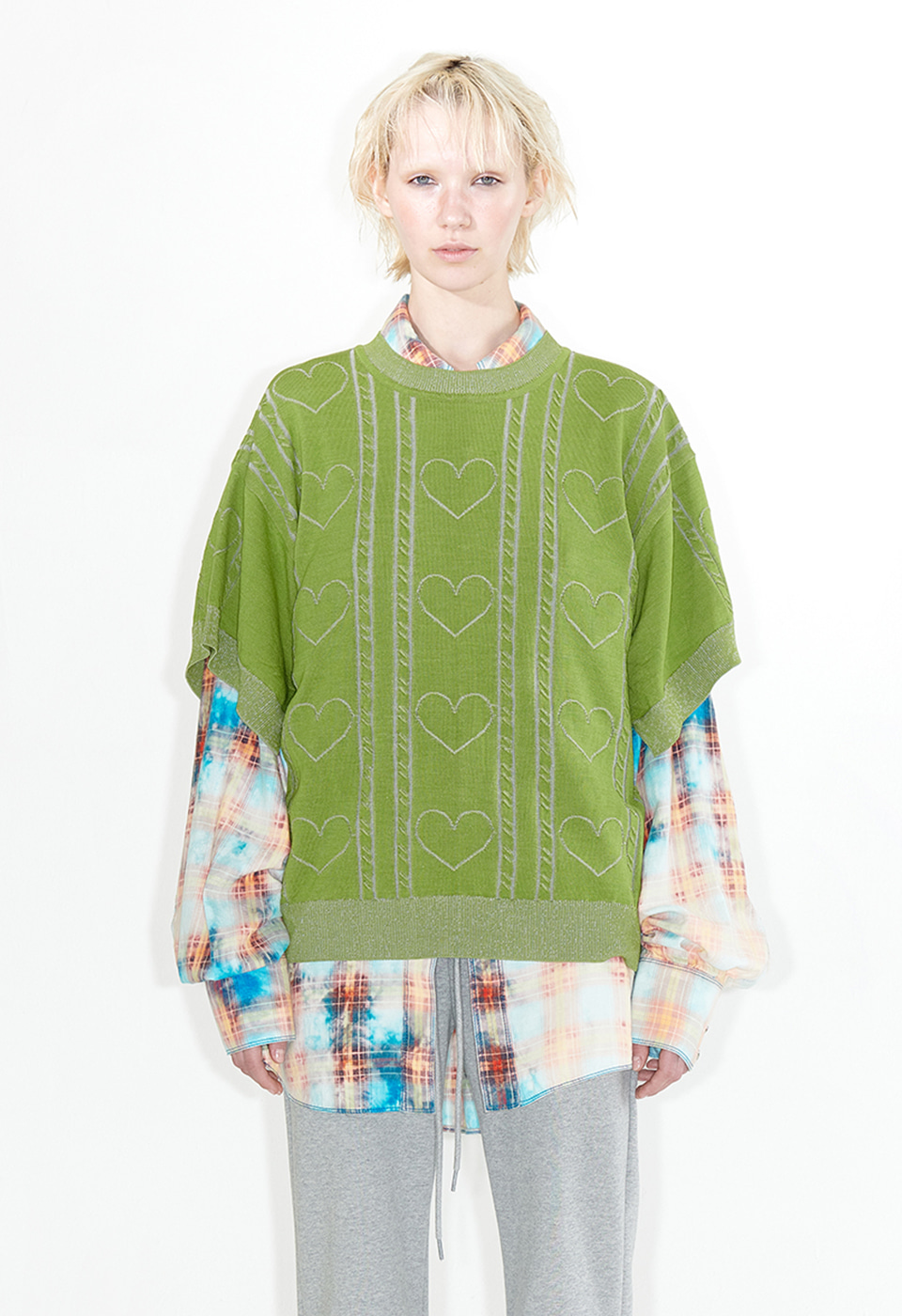 HEART&amp;CABLE CREWNECK KNIT, GREEN