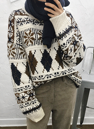 [knit]슈더 니트(울30 노르딕 눈꽃 패턴 겨울 라운드넥 고퀄리티 knit)