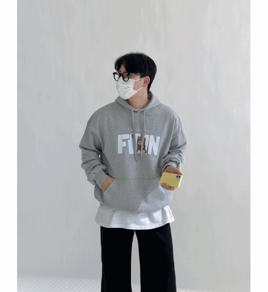 [ man ] 영문 곰돌이 프린팅 쭈리 오버핏 후드티셔츠 3color