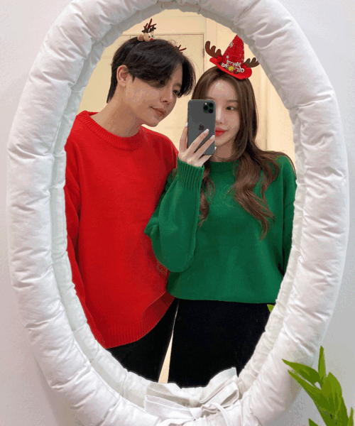 메리 크리스마스 레드 그린 남녀공용 커플 헤비 오버핏 니트 2color
