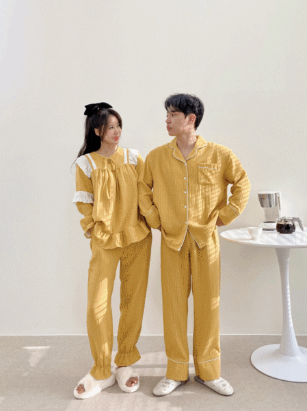 [ 옐로우 커플잠옷 ] 도트 레이스 리본 시밀러 홈웨어 파자마 잠옷세트