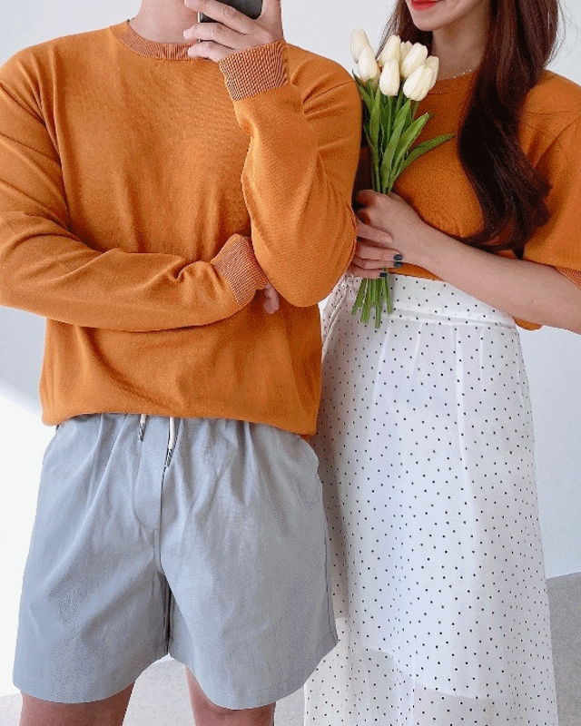 [ 커플 시밀러룩 ] 오렌지 여름 린넨 라운드 반팔 긴팔 니트티셔츠