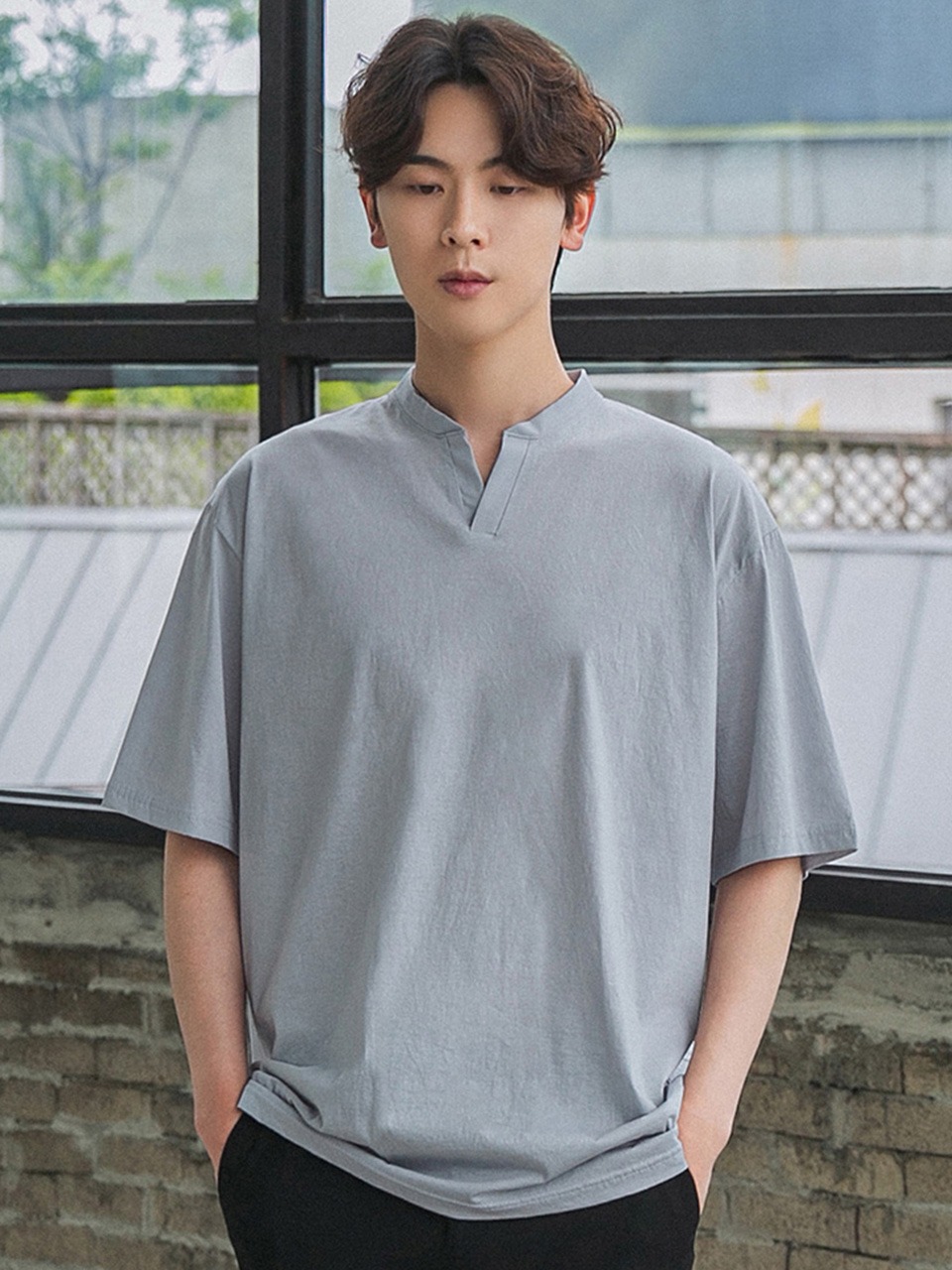 BIO V SLIT HALF T-SHIRT DLX8003_LIGHT GRAY