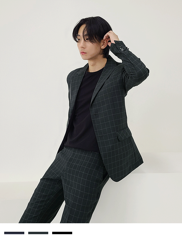 베이 린넨 체크 블레이저