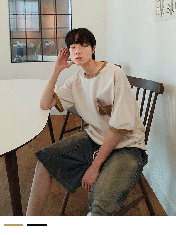 배색 니트 포인트 반팔티