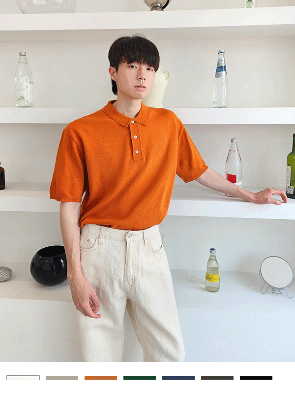 린넨 삥줄 카라 반팔 니트